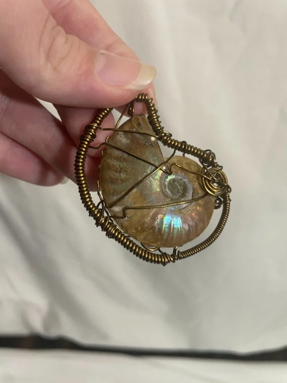 Wire Wrapped Ammonite Fossil Pendant Handmade Spiral Shell Crystal Necklace Char